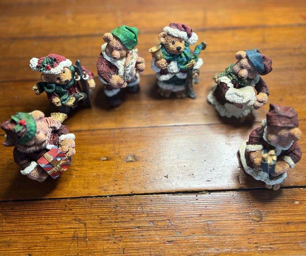 Set 6 Christmas Bears  Figurine 4" Adorables. Hand painted over resin.